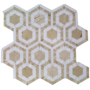 Evo Hex Crema & Thassos 4″ Hexagon Marble Polished Mosaic Tile